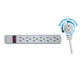 Surge Protector, 6-Outlet, Flat Rotating Plug, Plastic, 90 Joules, 10' cord