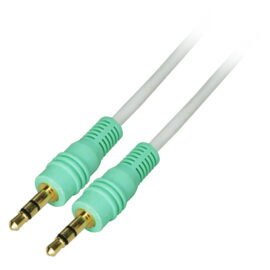 Cable, 3.5mm stereo, Male / Male, white jacket with green molding, gold connectors, 100'