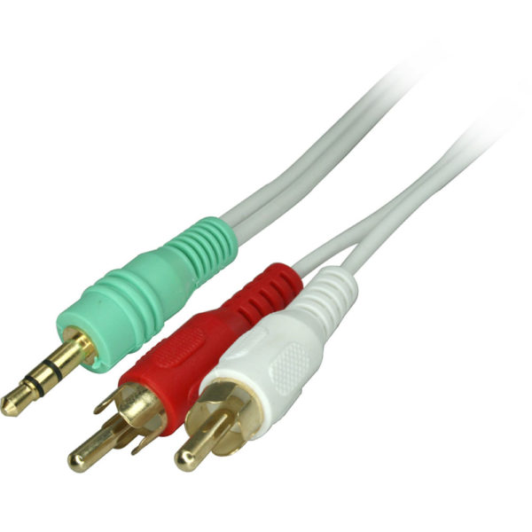 Cable, 3.5mm stereo (2) RCA Male, Cable w/Green, Red & White molding, 6' - Compatible Cable Inc