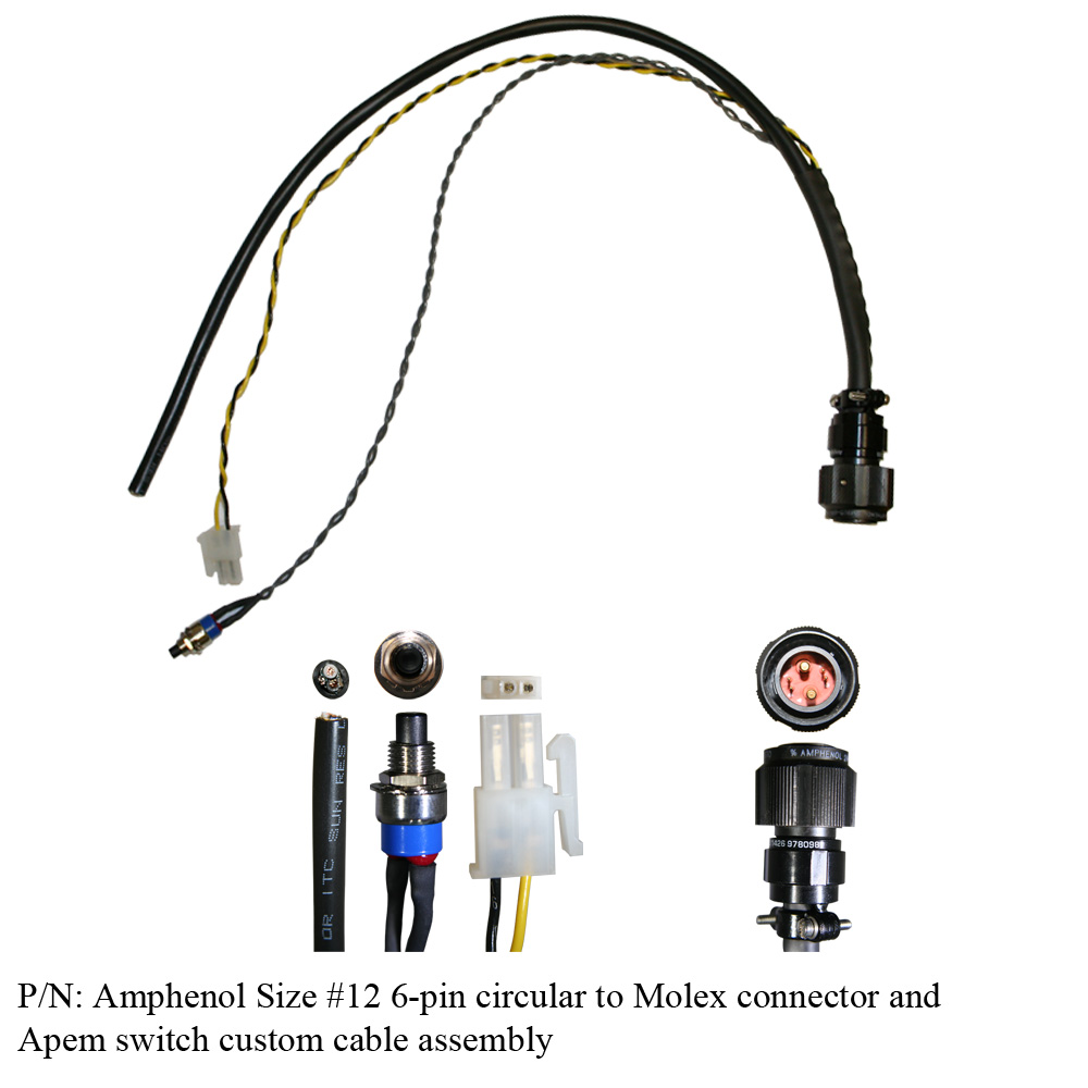 Amphenol Size #12 6-pin circular to Molex connector and Apem switch wire harness assembly