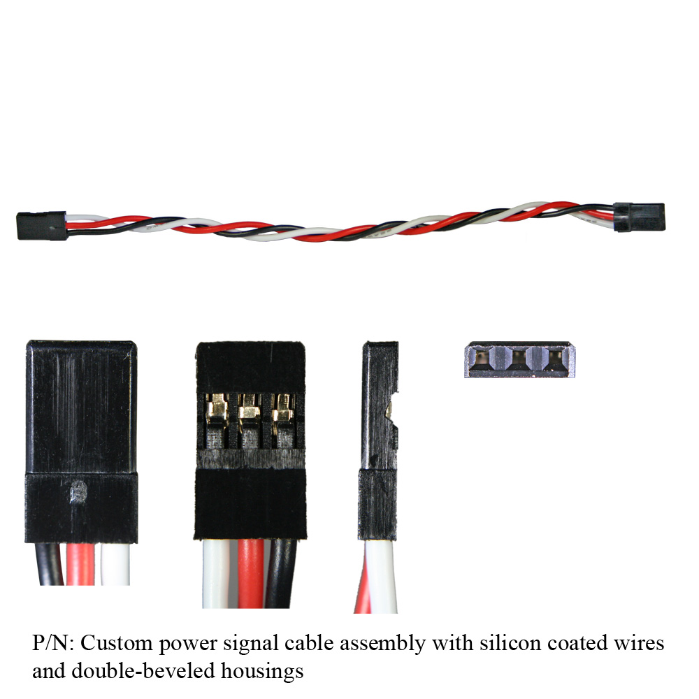 Custom power signal cable assembly with silicon coated wires and double-beveled housings