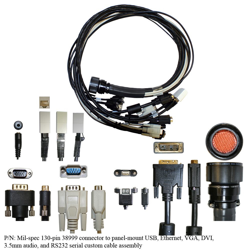 Mil-spec 130-pin 38999 connector to panel-mount USB, Ethernet, VGA, DVI, 3.5mm audio, and RS232 serial wire harness assembly