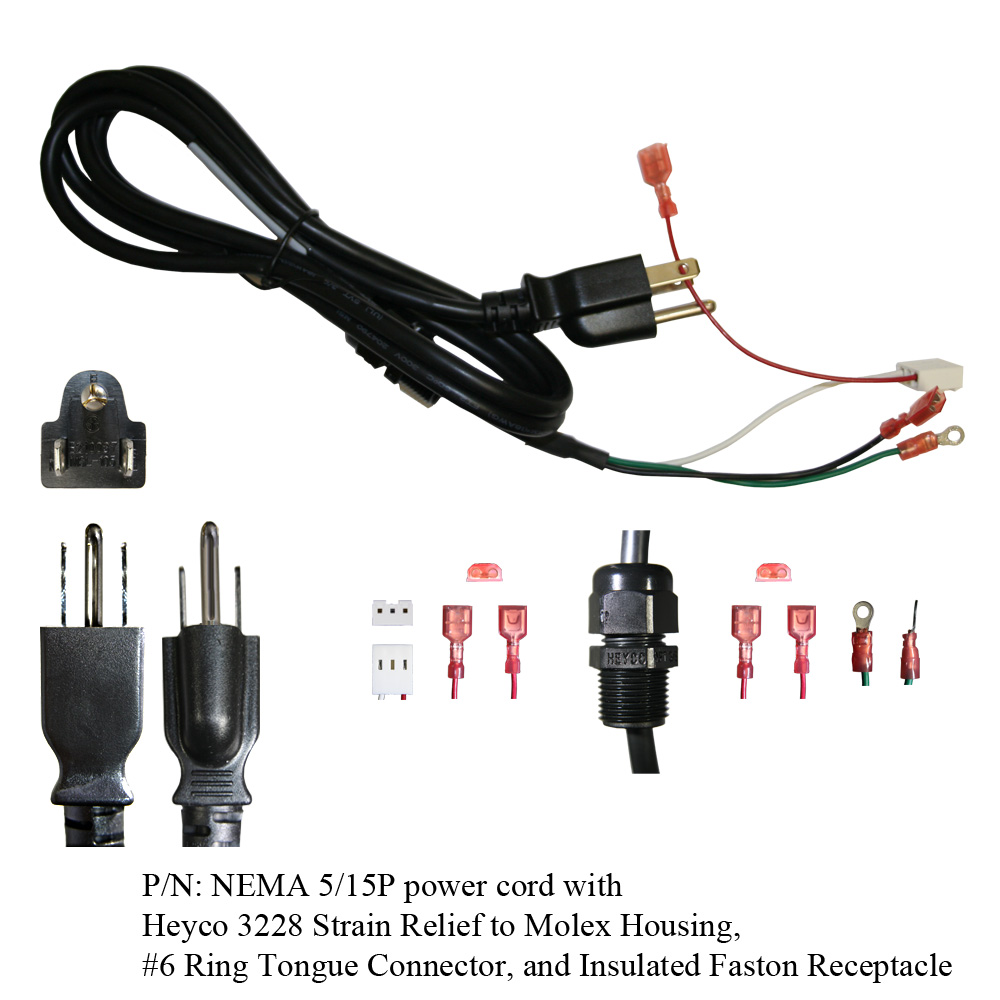 NEMA 5-15P power cord with Heyco 3228 Strain Relief to Molex Housing, #6 Ring Tongue Connector, and Insulated Faston Receptacle