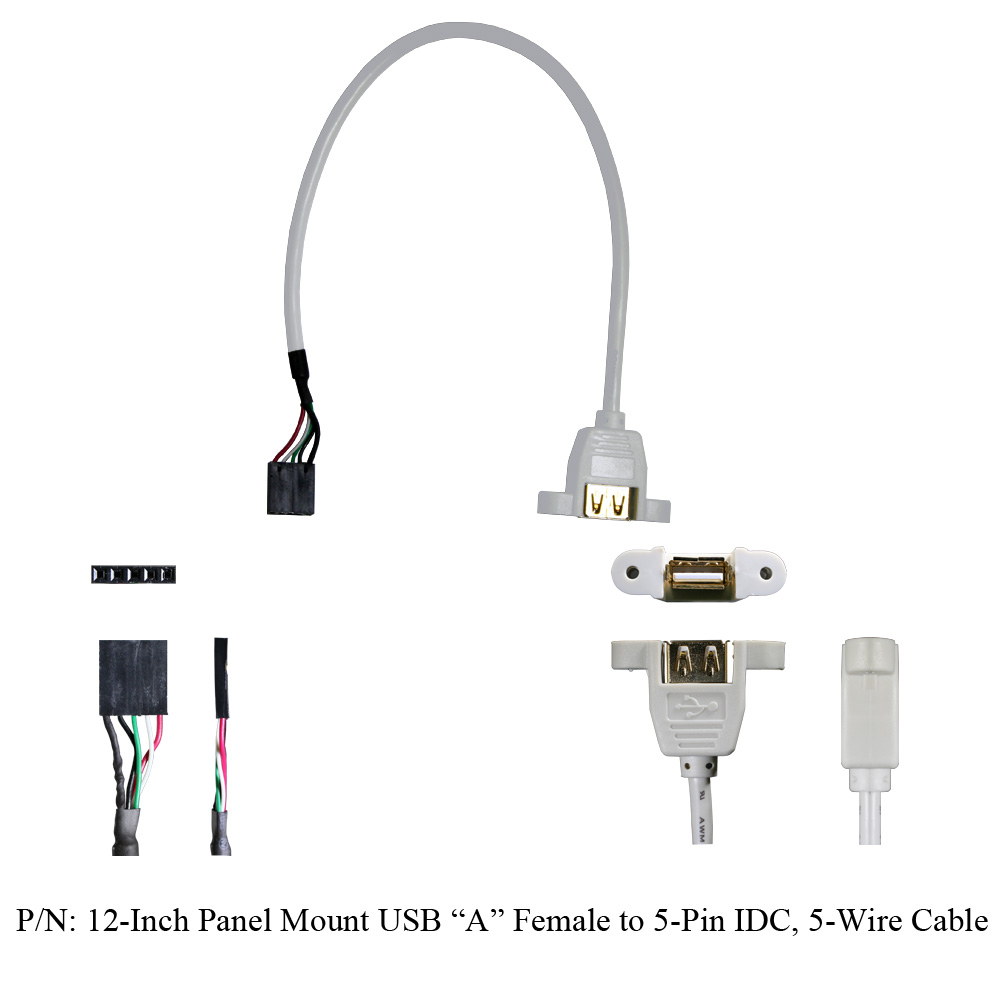 Panel mount USB A Female to 5-pin IDC, 5-wire, 12-inch Wire Harness Assembly