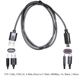 Cable, USB 2.0, A Male (Host) to Type-C Male, 480Mbps, 3A, Black, 2 Meter
