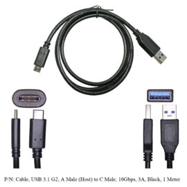 Cable, USB 3.1 G2, A Male (Host) to Type-C Male, 10Gbps, 3A, Black, 1 Meter
