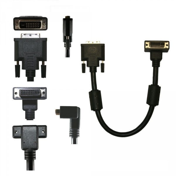 DVI cable assembly with a straight male DVI connector at one end and a right-angle DVI connector at the other.