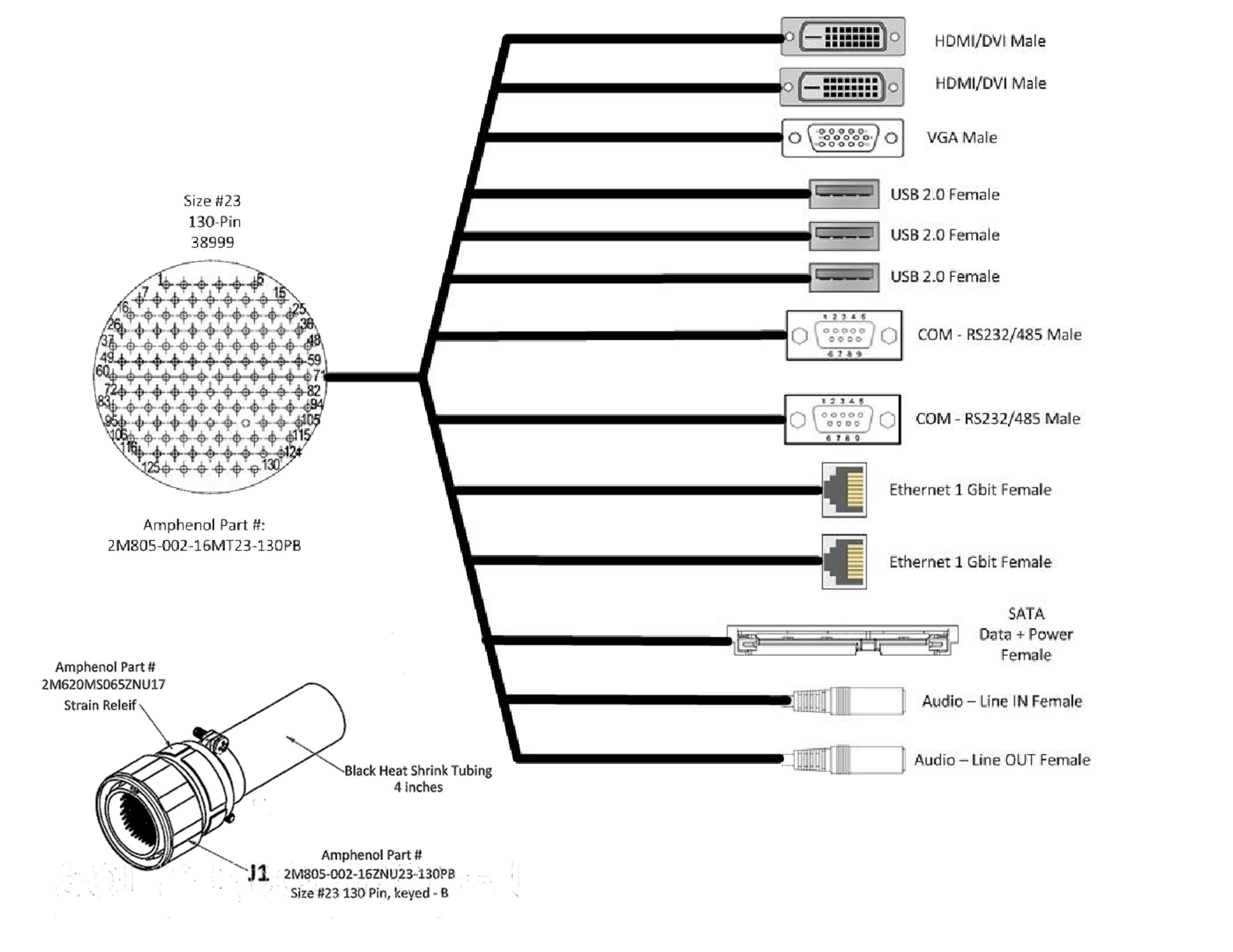 Technical drawing of a high-pin-count MIL-spec style circular connector cable configuration.